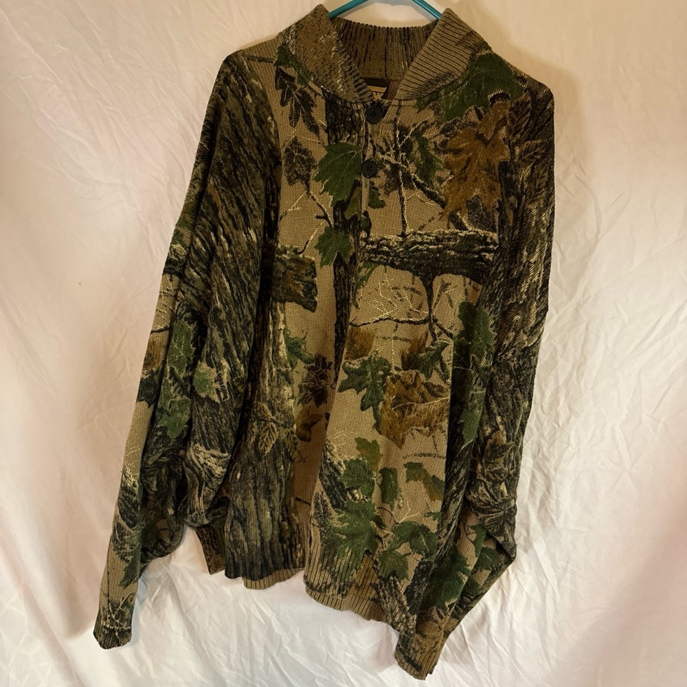 Saftbak Camo Knit Sweater Henley long sleeve Size XXL Trees Hunting Woods Leaves